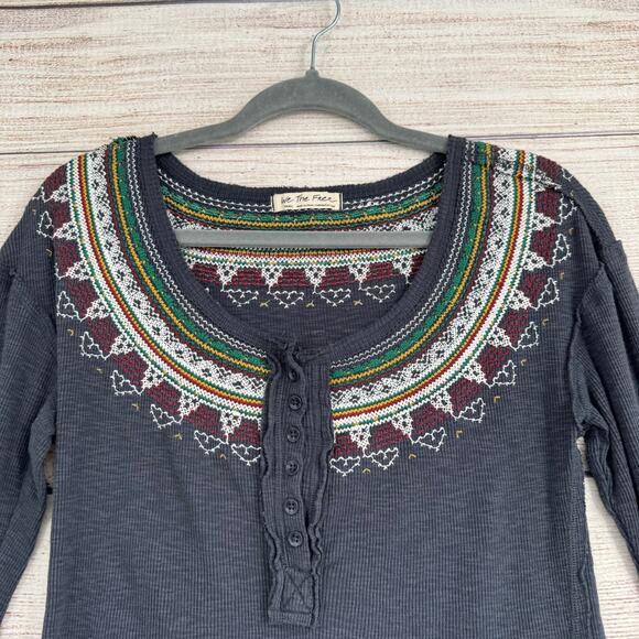 We the Free People Embroidered Henley Thermal Shirt Womens Small Blue Red Green - Picture 3 of 12